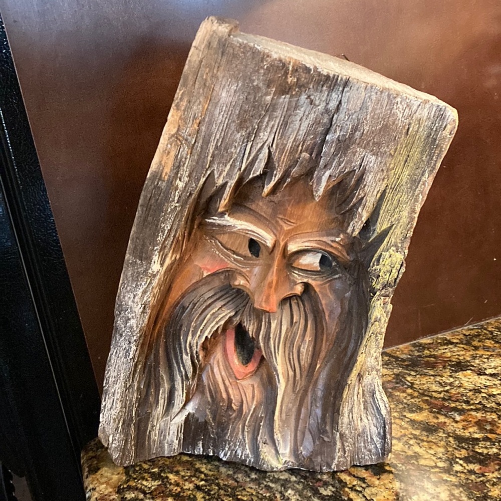 “Man of the Woods” hand crafted wooden statue/wall hanging, Rare, unique